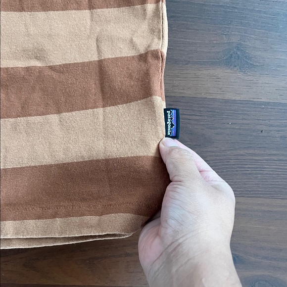 Patagonia Men's Brown and Tan Striped Tee - Picture 2 of 2